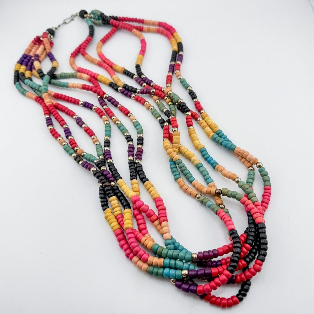 Vintage Multicolor Wood Bead Necklace – Layered Tribal Boho Statement Bright